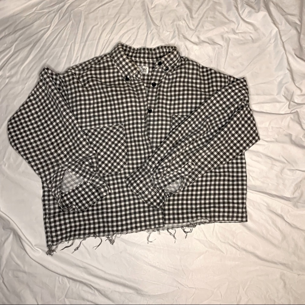 Cropped flannel button down top with raw edge